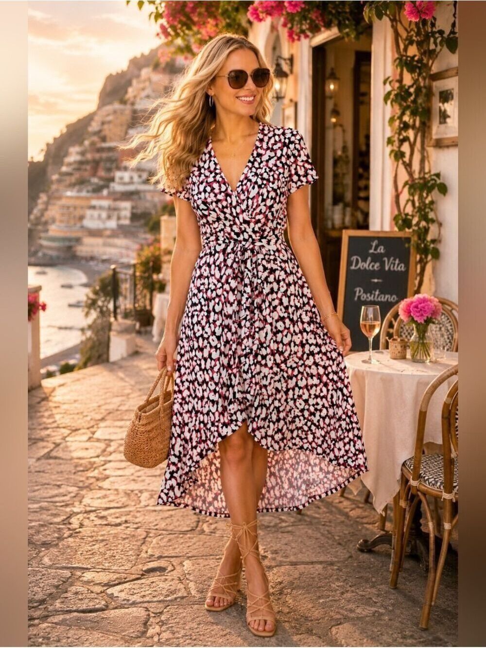 Leota Wrap Dress Pink Black White Abstract Print Hi Low Midi Dress XS - Picture 8 of 10